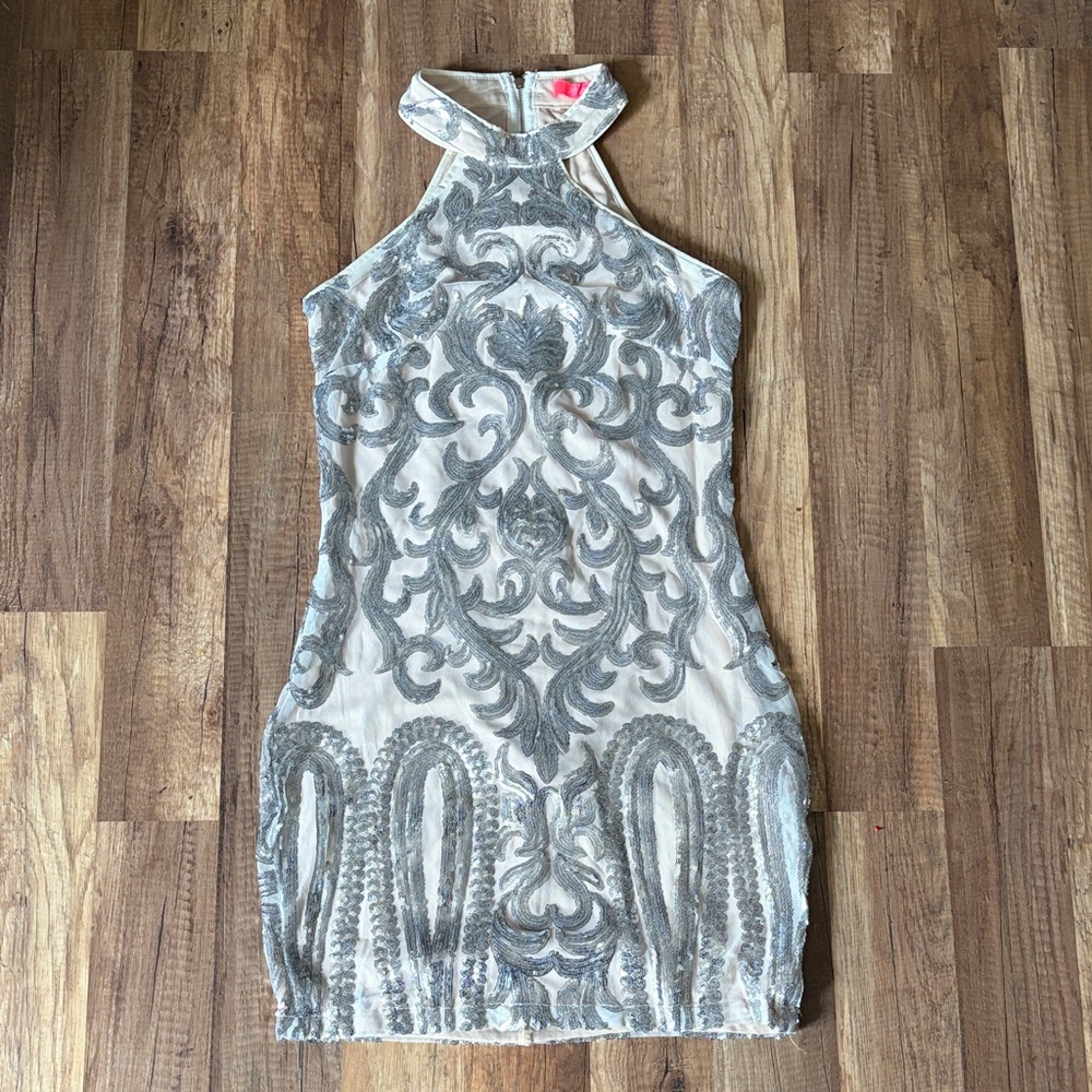 Xtaren Silver Embroidered Halter Mini Dress on Cream